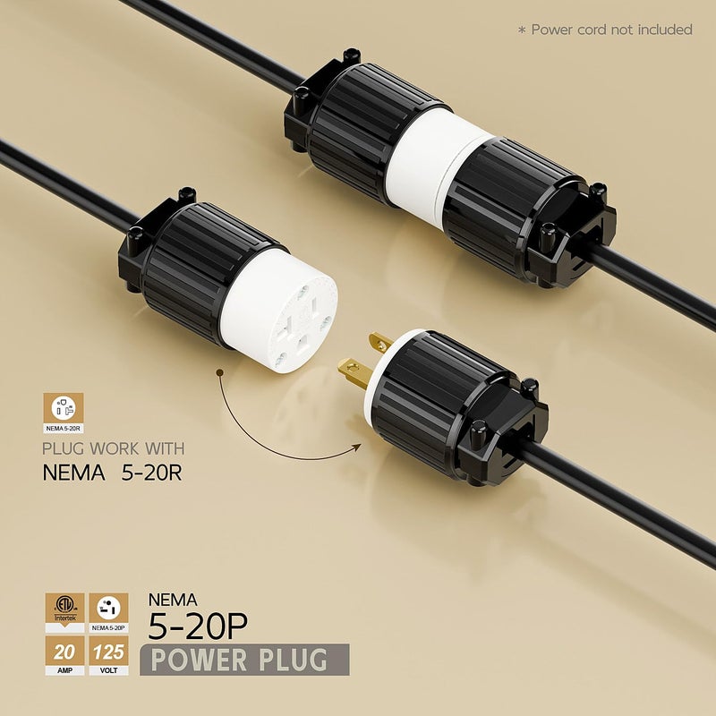 acbroad USA 3-Prong Male AC Plug, ETL Nema 5-20P 3 Pole Straight T- Blade DIY Rewirable, 20A 125V USA 3Pin AC Connector, Nema 5-20 Male US 3Pole Power Plug, Black - Image 2